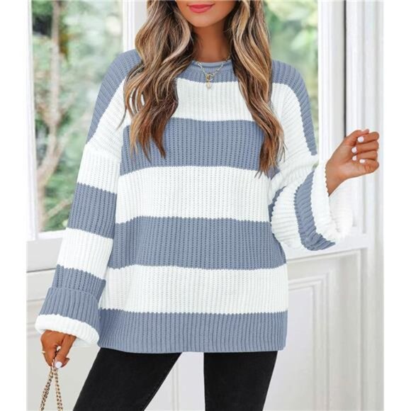 Striped Color Block Sweater – Oversized Fit, Flared Sleeves, Cozy Knit - Picture 2 of 5